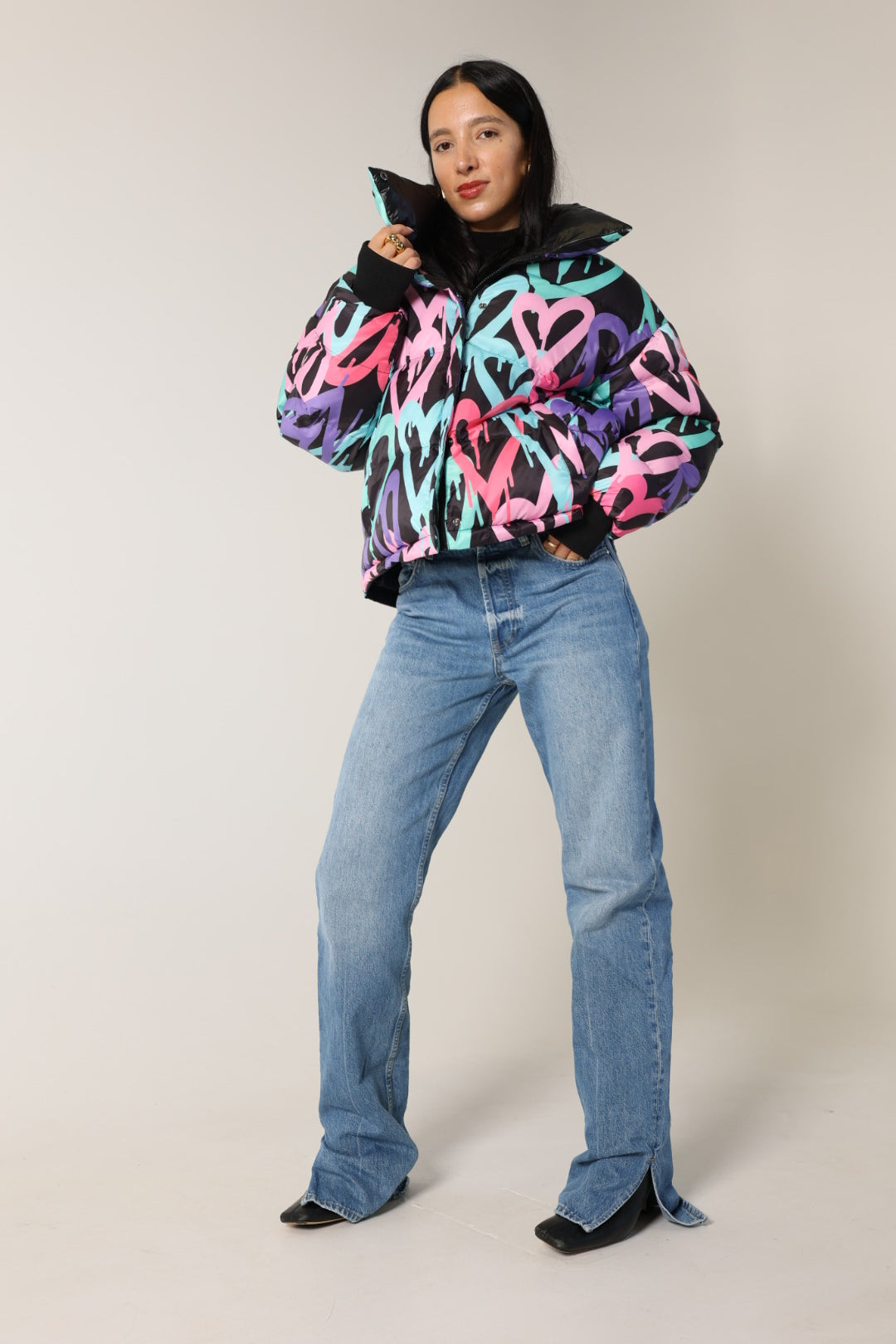 Graffiti Hearts Cropped Reversible Bomber